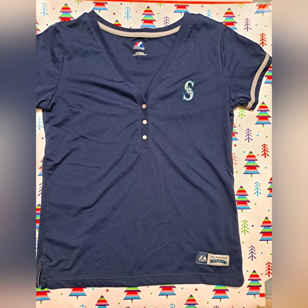 Majestic Women's Seattle Mariners Navy Blue Short Sleeve Button Shirt.